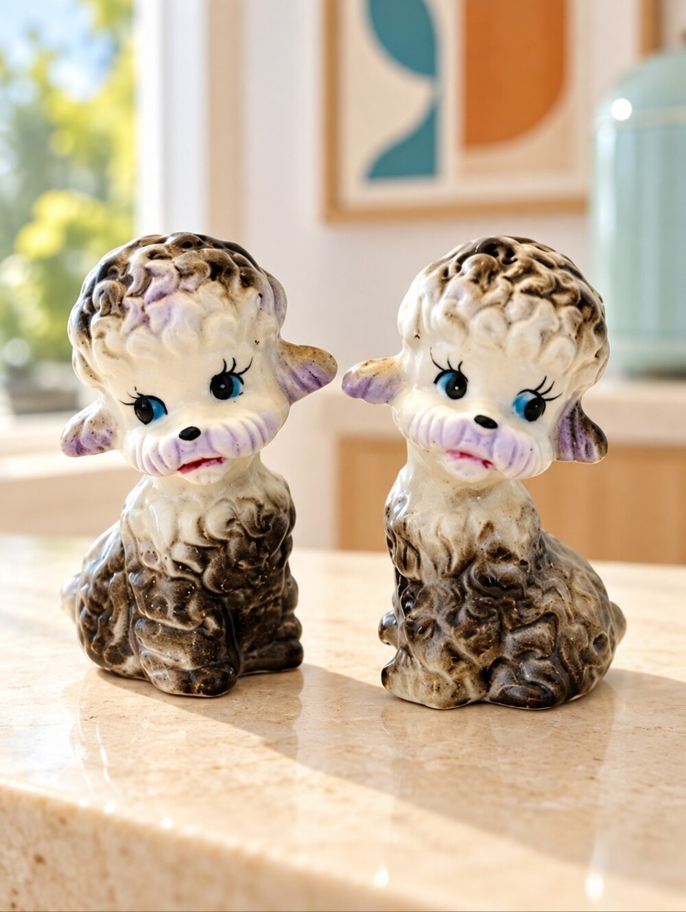 Vintage Japan Poodle Salt Pepper Shakers Blue Eyes Kitsch Ceramic Pair
